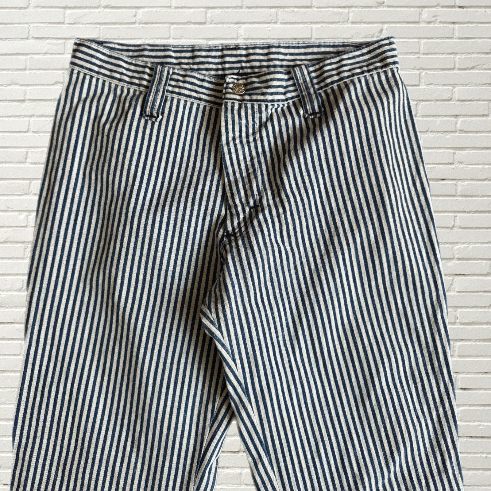 Vintage 70s Bell Bottom Jeans – Cream And Blue Striped Denim Flare Leg Hippie