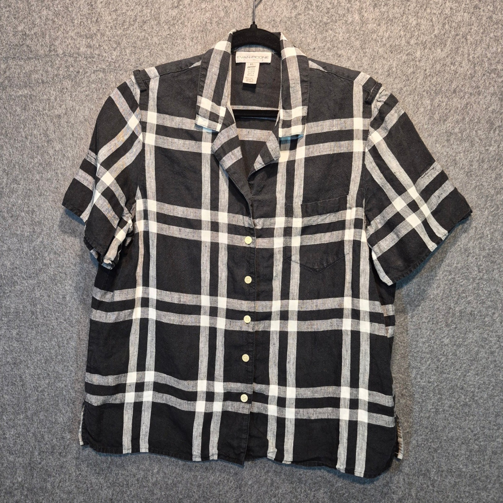 Evan Picone Short Sleeve Plaid Linen Shirt XL 90s Grunge Goth LIte Dark Academia