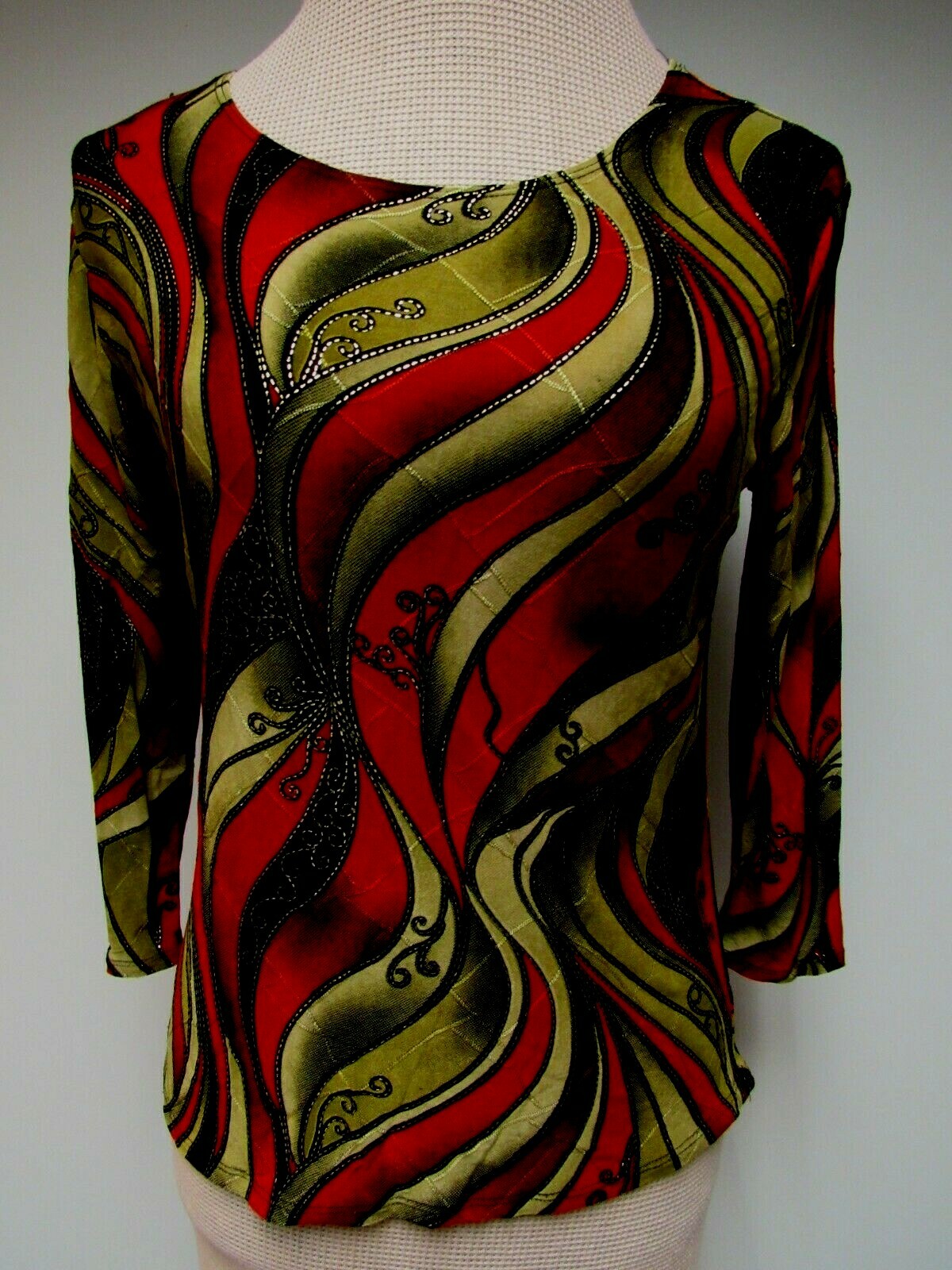 VTG BRITTANY BLACK Knit Top V Neck Gold Metallic Olive Black Maroon Red M EUC