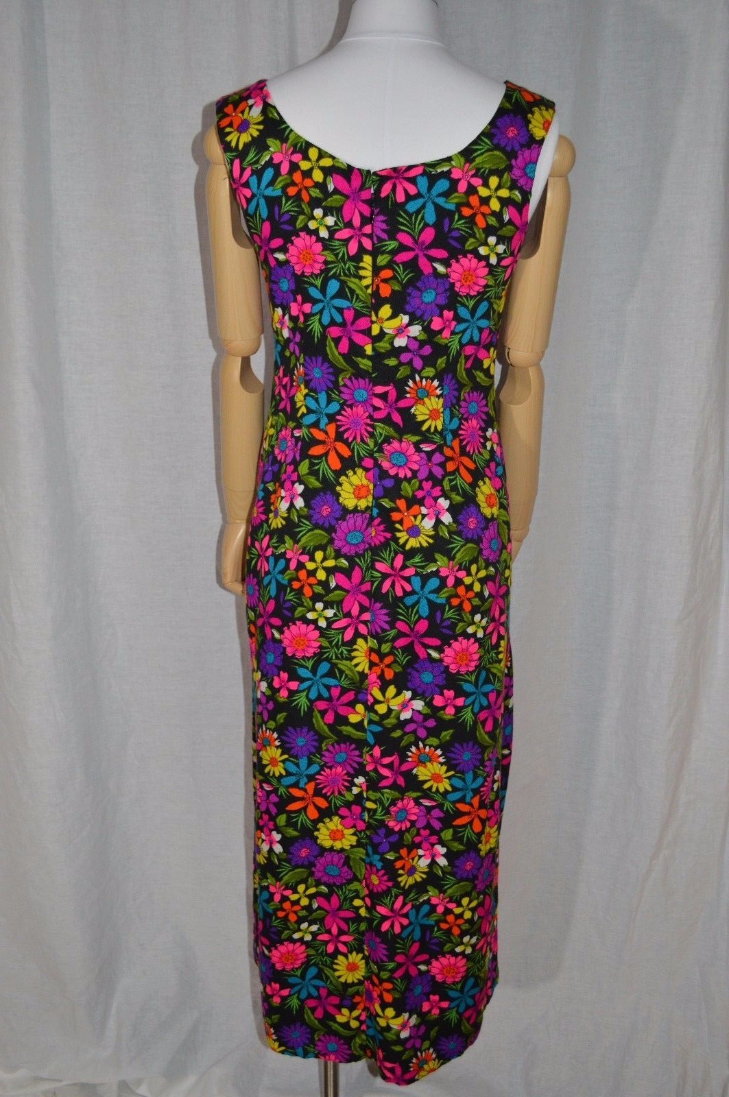 Vintage Black Multi-Color Floral Hand-Made Hawaiian Long Dress See Measurements