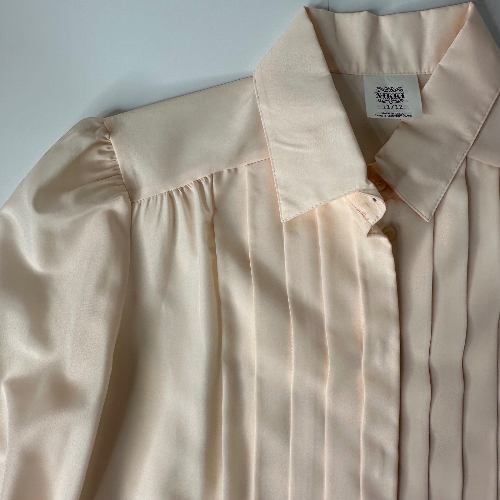 Vtg Nikki Secretary Blouse Peach Pink Pleated Front Puff Shoulder 80s Sz 11/12