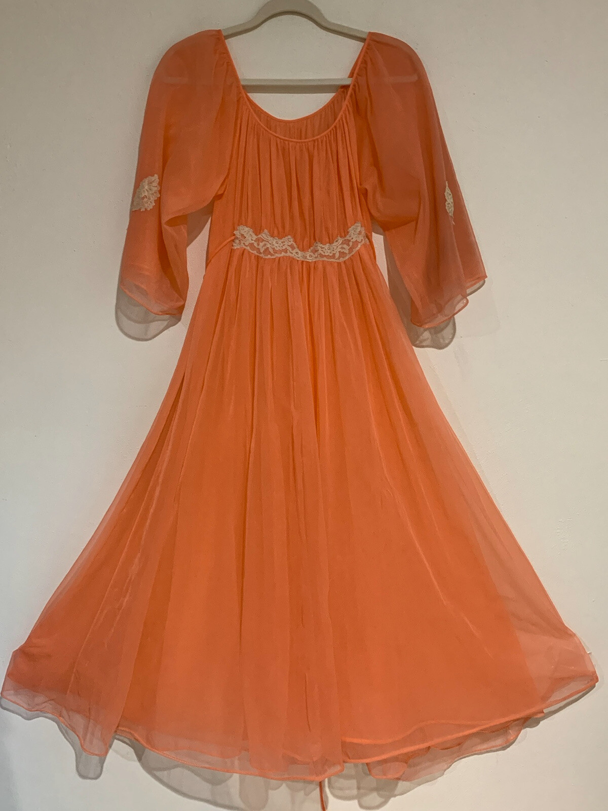 VTG S M Nightgown Orange Double Chiffon Nylon Lace Trim Tie Back Ro-Vel Calif