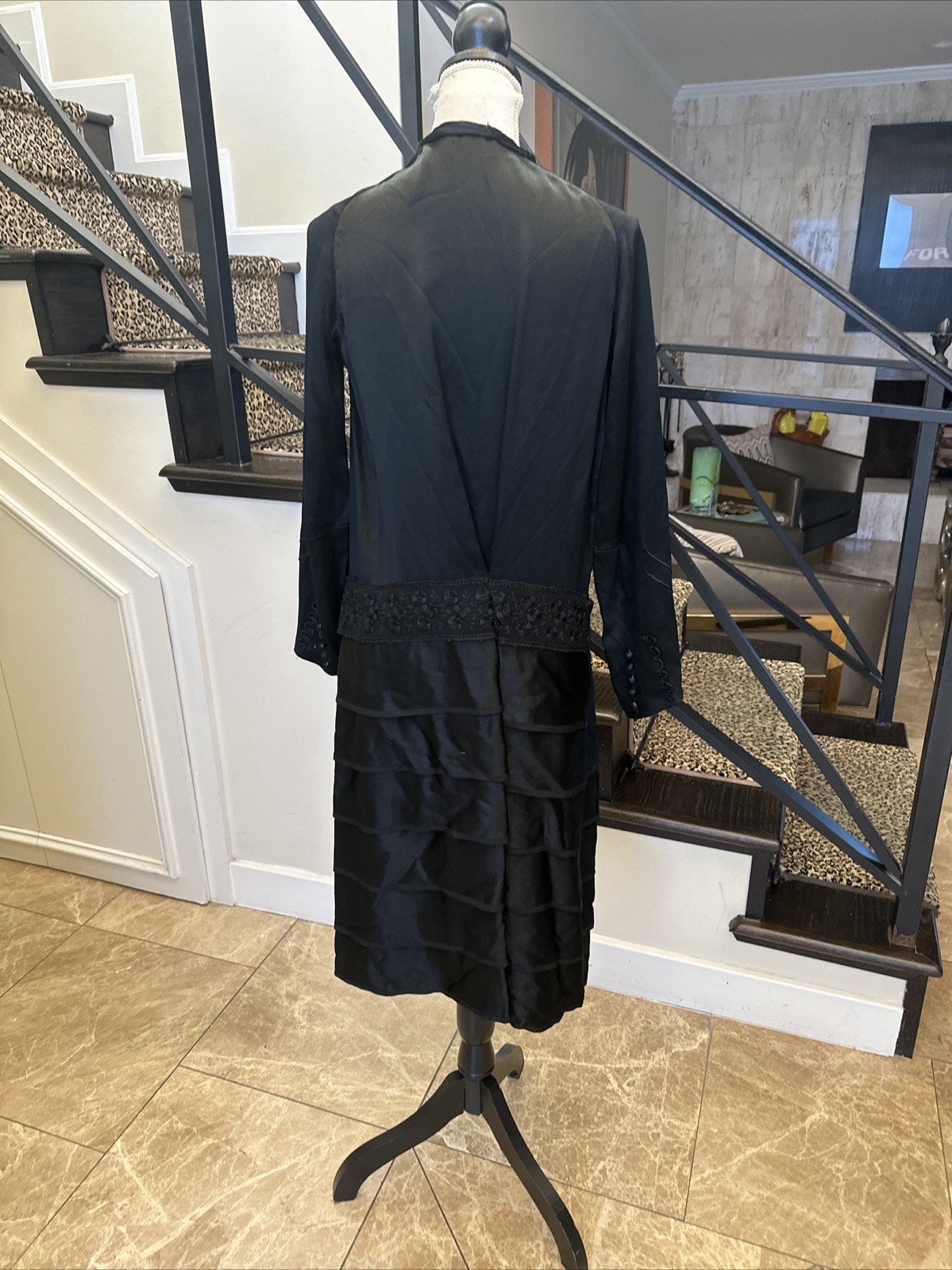 Vintage 1920s Black Satin Tiered Drop Waist Pussy Bow Lace & Embroidered Dress