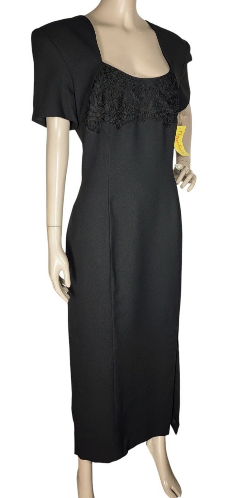 VTG Maggy London Black Soutache High-Shoulder Queen Anne Neck Maxi Dress NEW