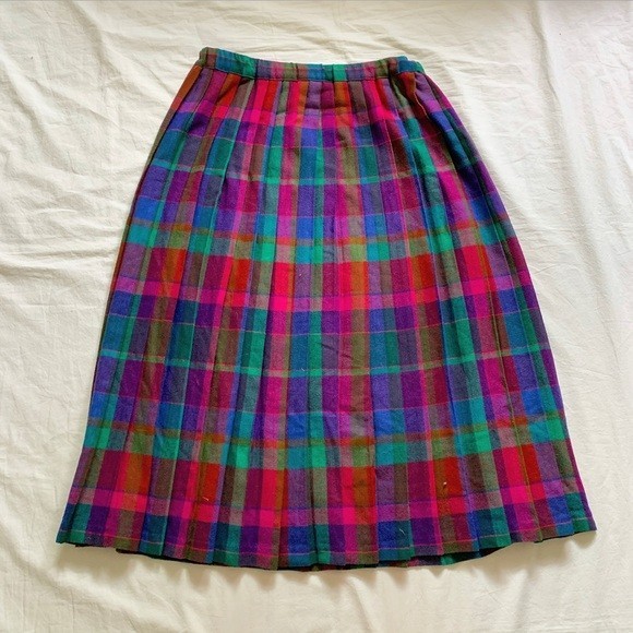 Vintage 1980s Plaid Pleated Skirt Russ waist 15.5″ purple pink red blue green