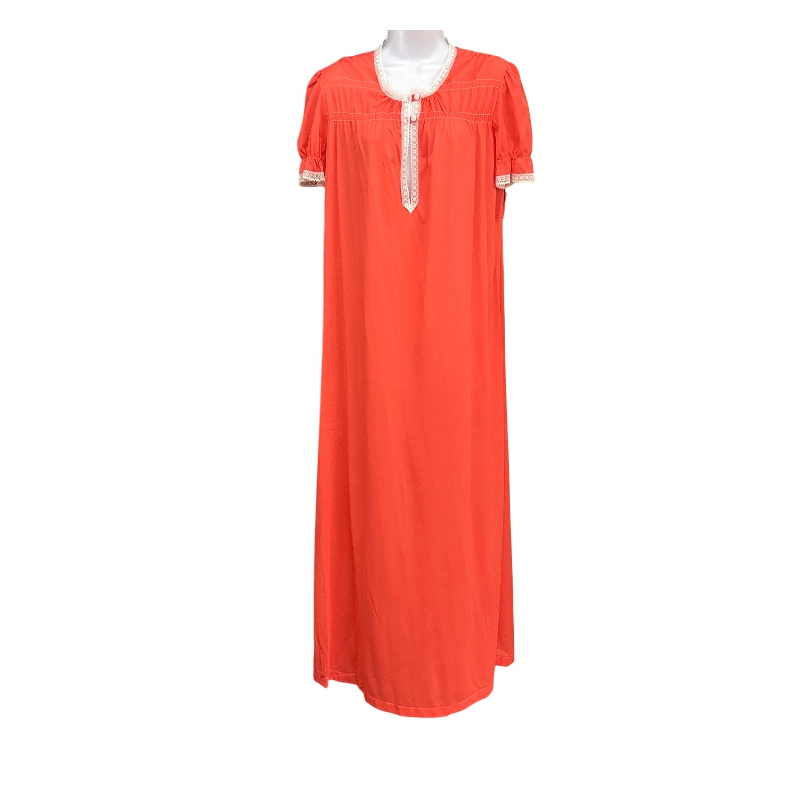 NWT Vintage Montgomery Ward Coral Hostess Gown Maxi Nightgown Lace Trim Peignoir