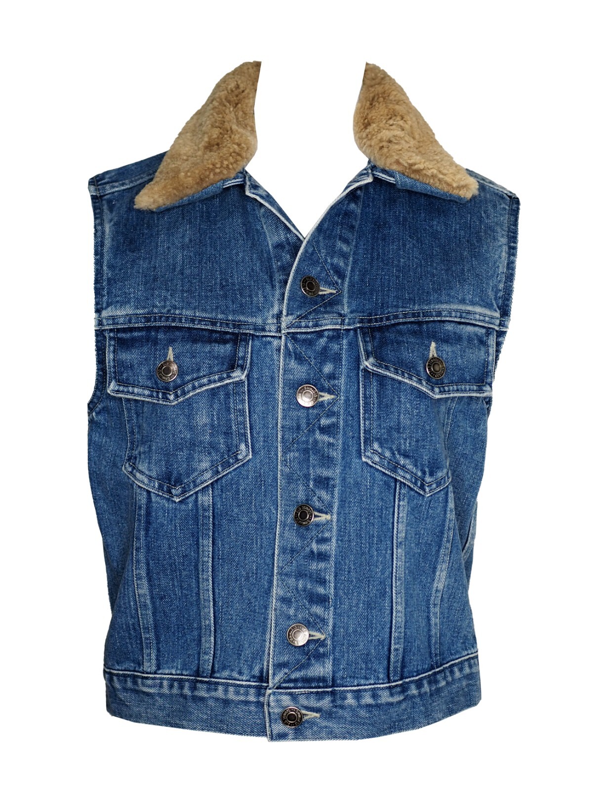 Vintage 90s OLD SCHOOL S Denim Vest Genuine Lambskin Shearling Collar Fur Jean