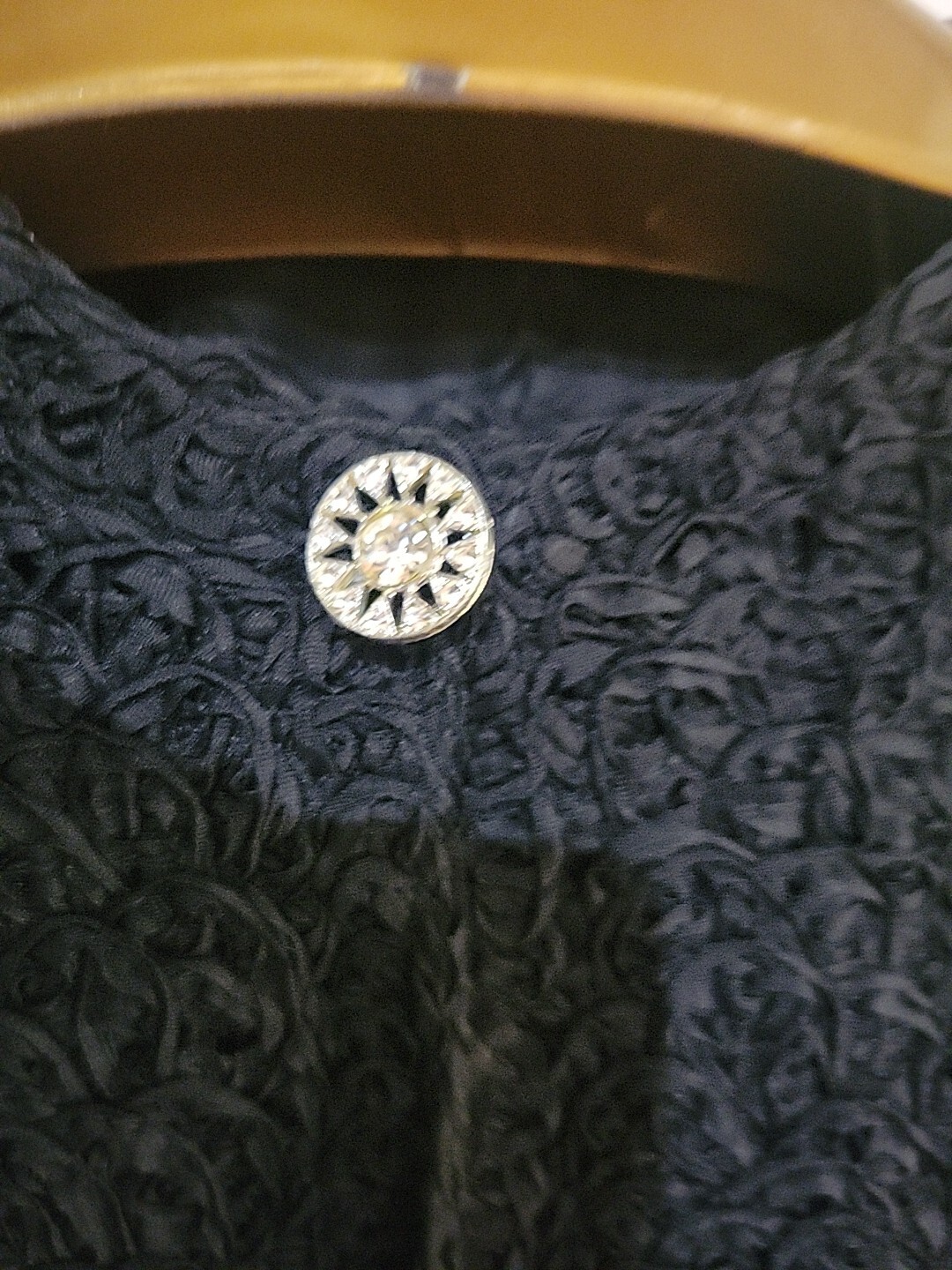 Vintage Black Ribbon Brocade 1/2 Sleeve Jacket, Snap Closure At Top, Size 12