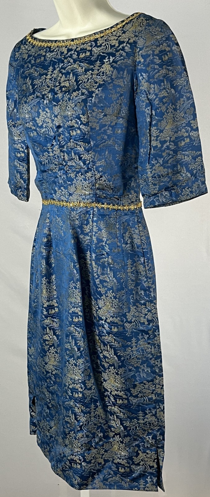 Vintage 50s Gold Jacquard Brocade Dress Womens S Blue Cocktail Talon Zip