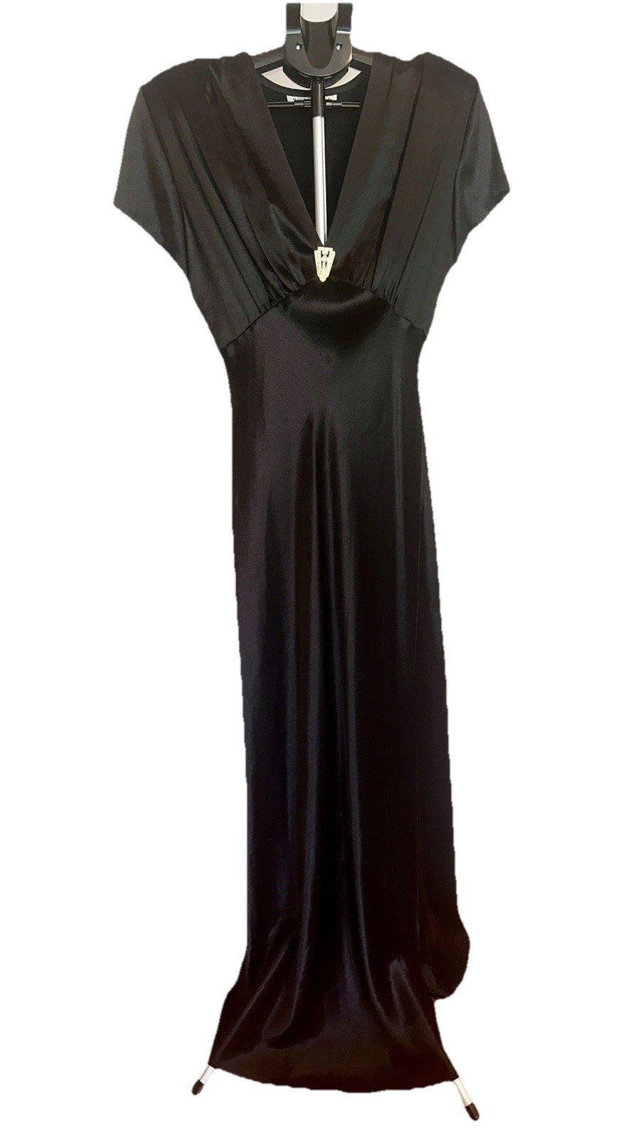 Vintage 40’s Style Black Satin Gown By Miss Ashlee Rhinestone Accent Size 8