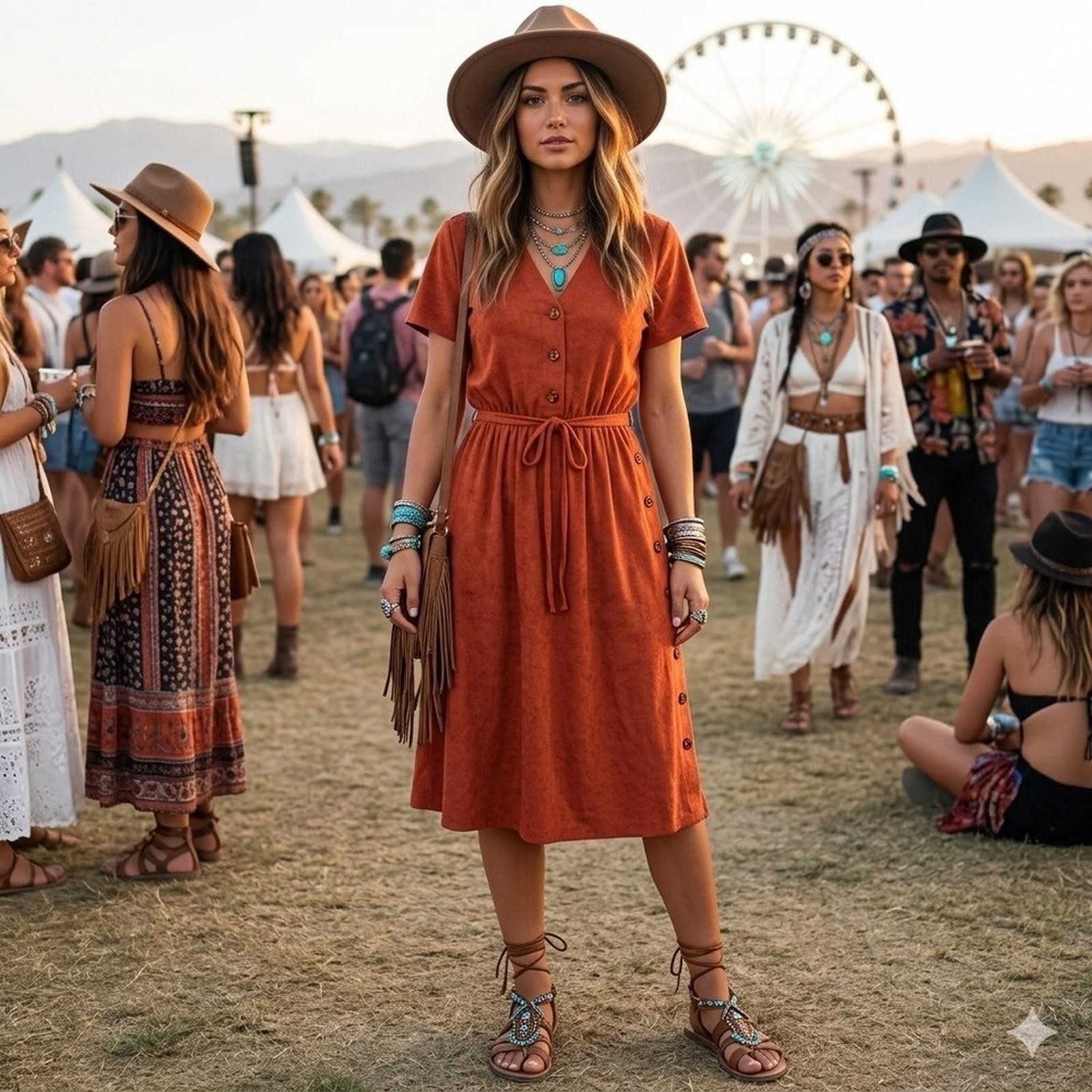 Frederick’s of Hollywood Faux Suede Button Midi Dress Terracotta S Vintage Boho