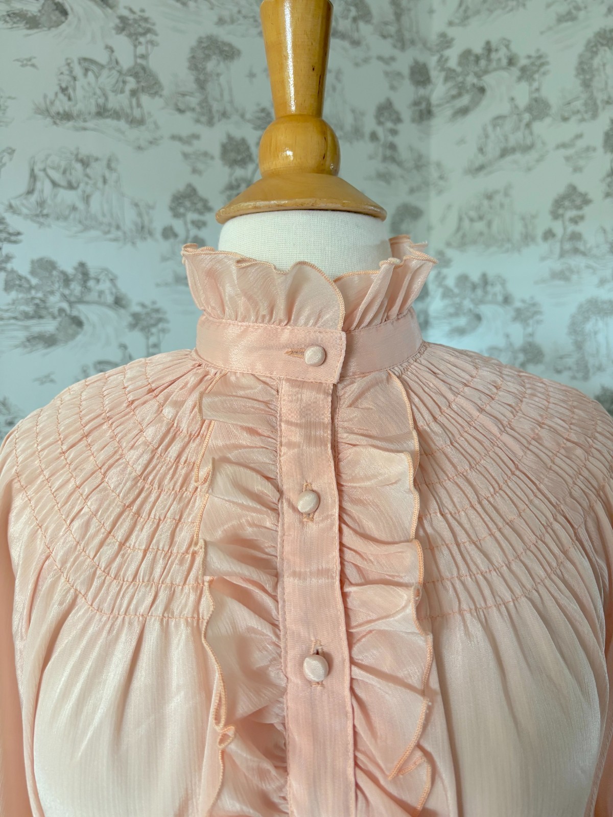 Vintage 70s The French Clique Pink Ruffle Smocked Button Down Blouse: Coquette