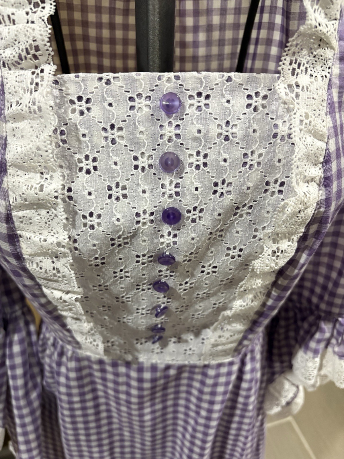 Prairie Style Lavender Gingham Long Dress Sz S Lace Floral Cottage Core Handmade