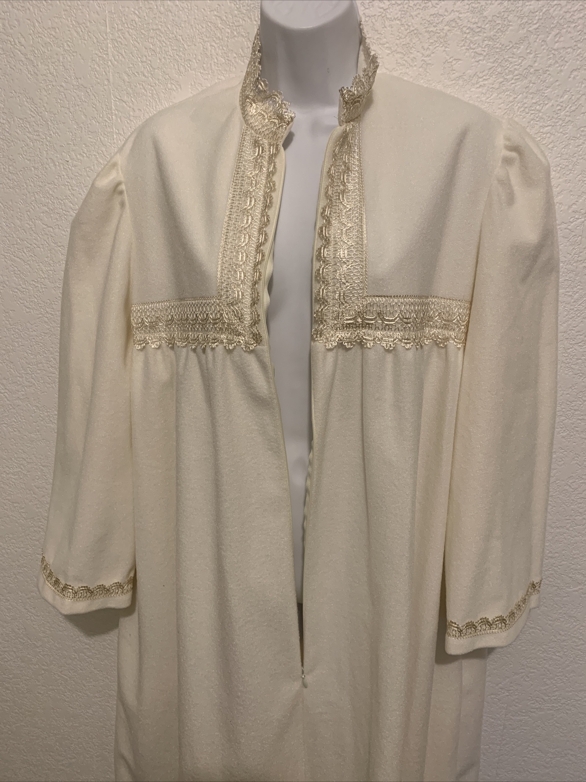 Vintage Vassarette Half Zip Cream Long Maxi Bathrobe Robe L Large With Lace 80’s