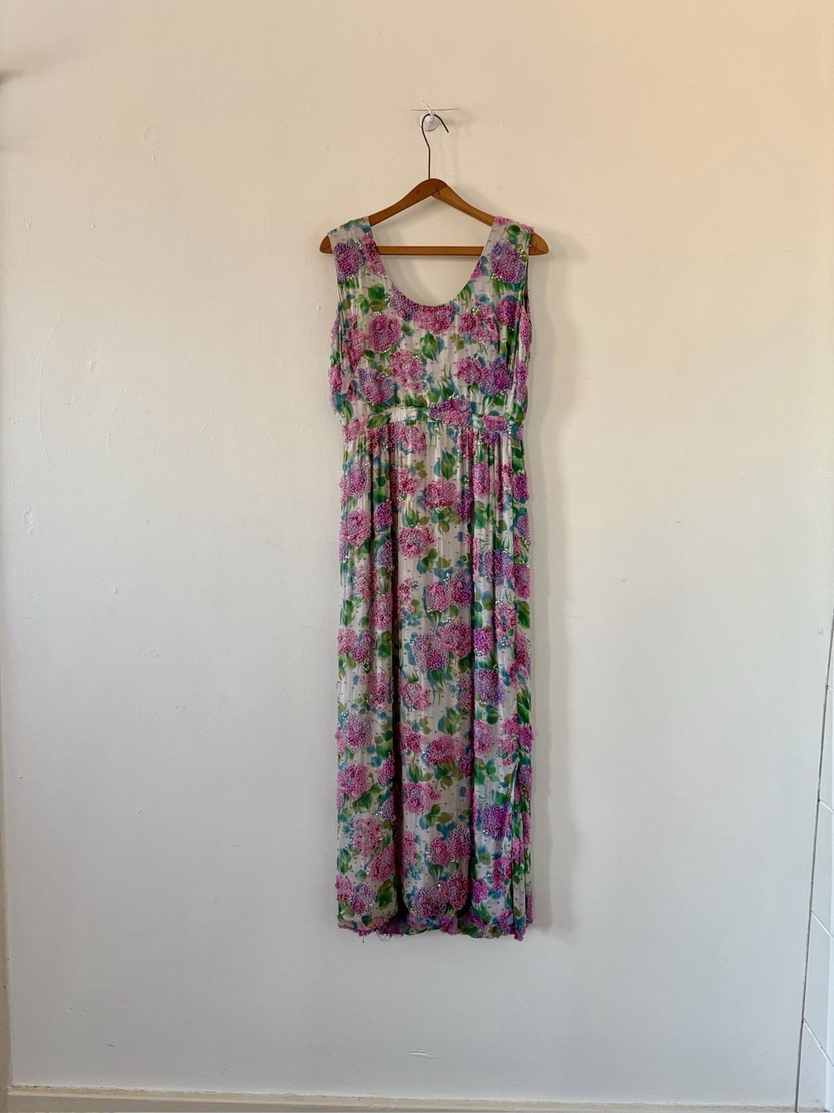 Vintage 1950s 60s Rare Designer Sara Fredericks Hand Beaded Chiffon Evening Gown