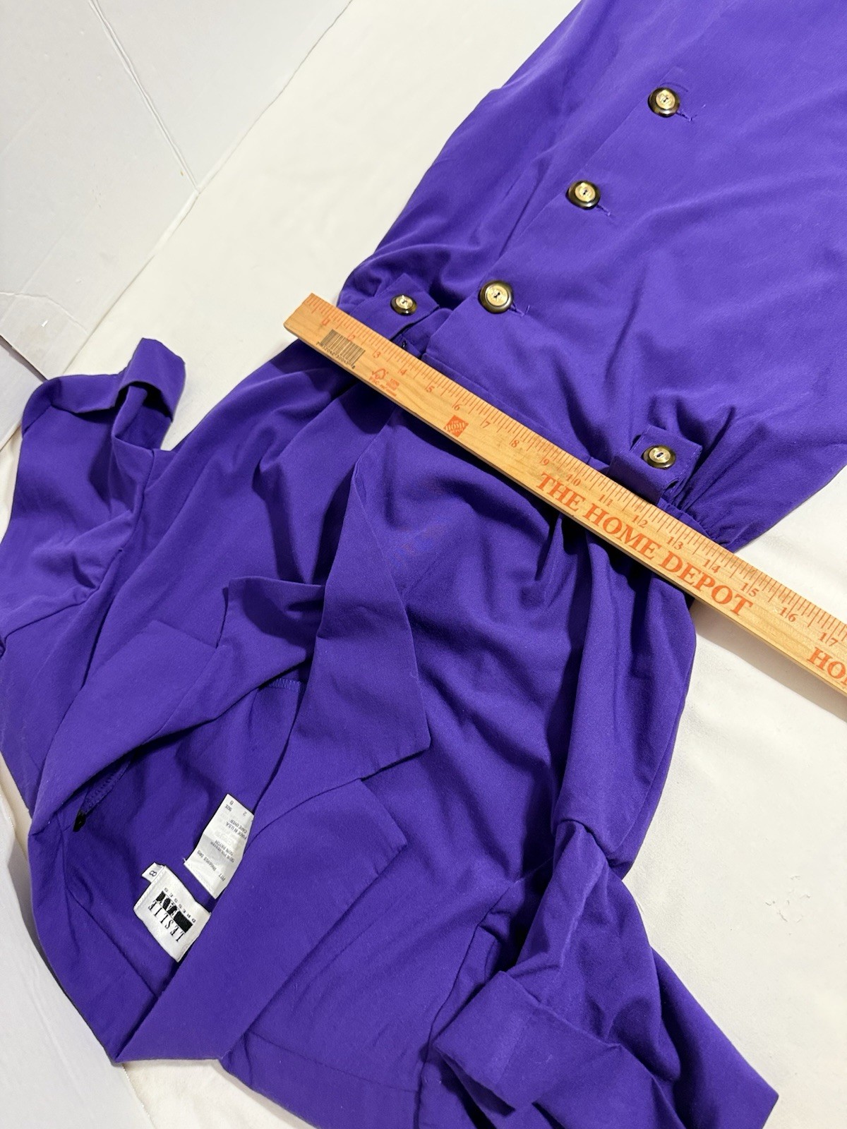 Vintage 80s Leslie Fay Purple Power Dress Gold Button Midi USA Womens 8