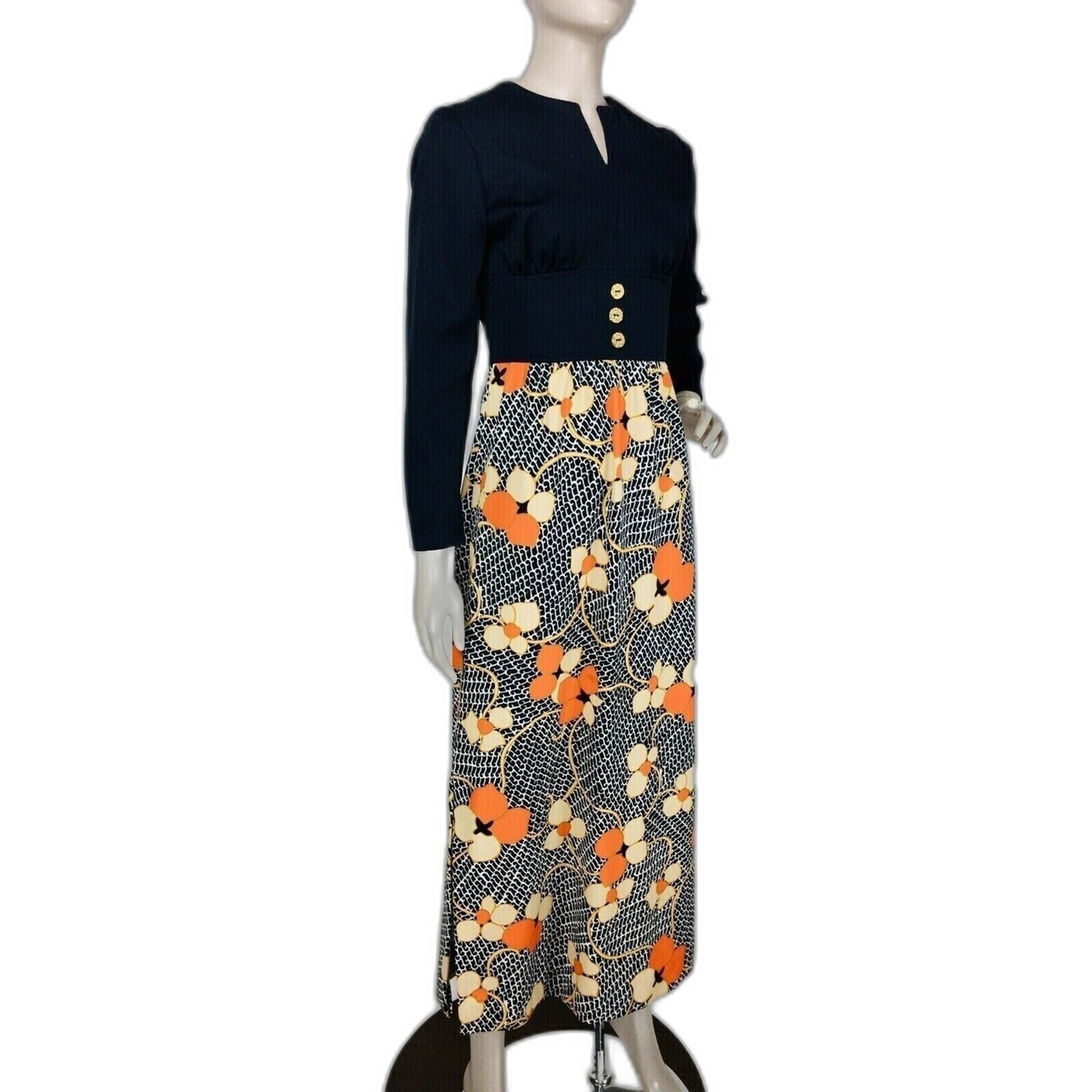 Vintage 70s MOD Floral Cinched Empire Waist Double-Knit Textured Maxi Dress NEW