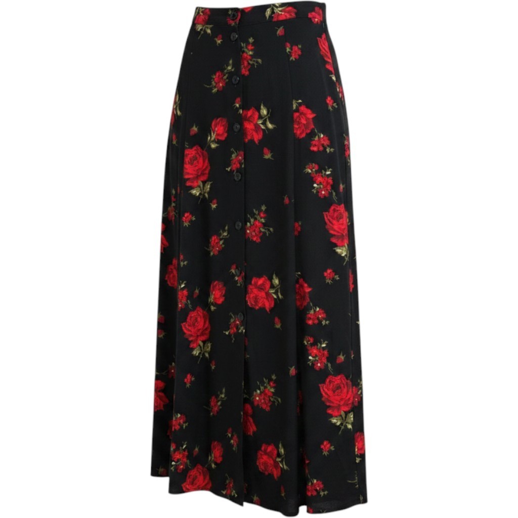 Metropolitan New York Vintage Rose Floral Button Front Maxi Skirt Black Red XL
