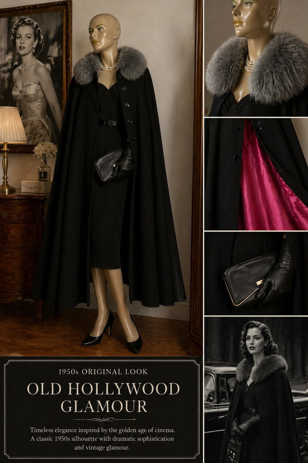 ✨ Vintage Couture Cape 60s Black Wool Cape Real Fur Collar Old Money XL