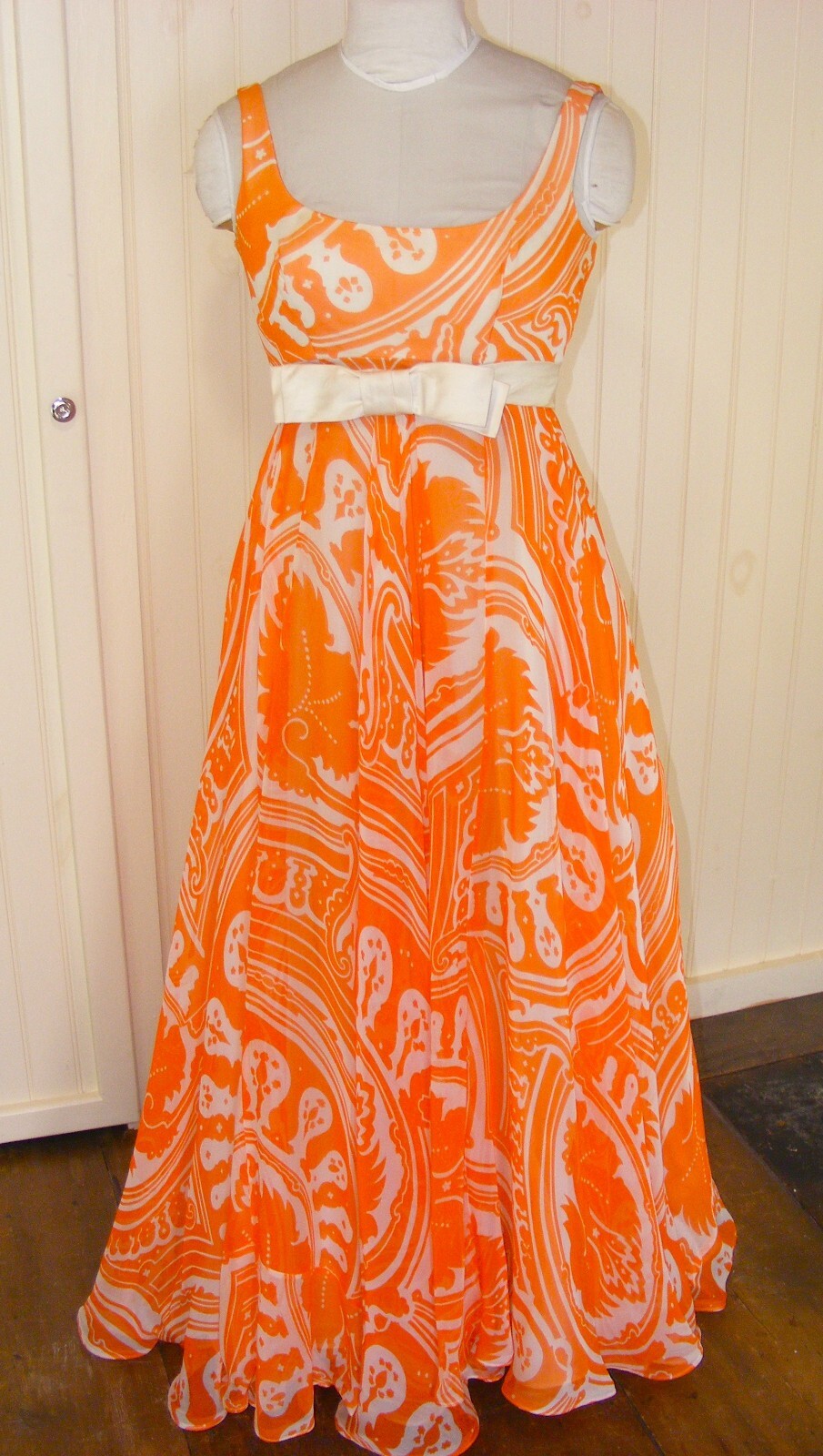 1970 DRESS KIKI HART COUTURE ORANGE WHITE CHIFFON EMPIRE WAIST BALL GOWN SM