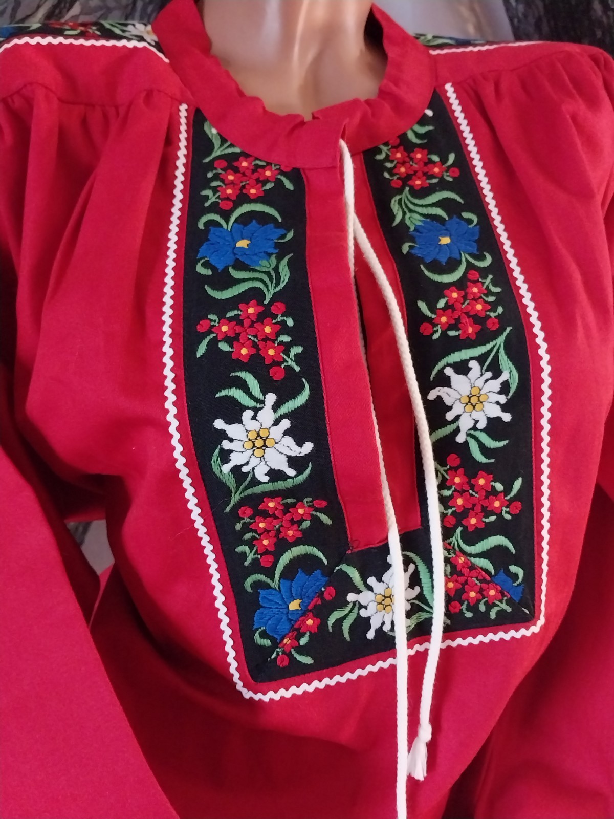 vtg MORNING GLORY FLOWER Embd Festival Mexican boho Ethnic Long Slv Blouse 44