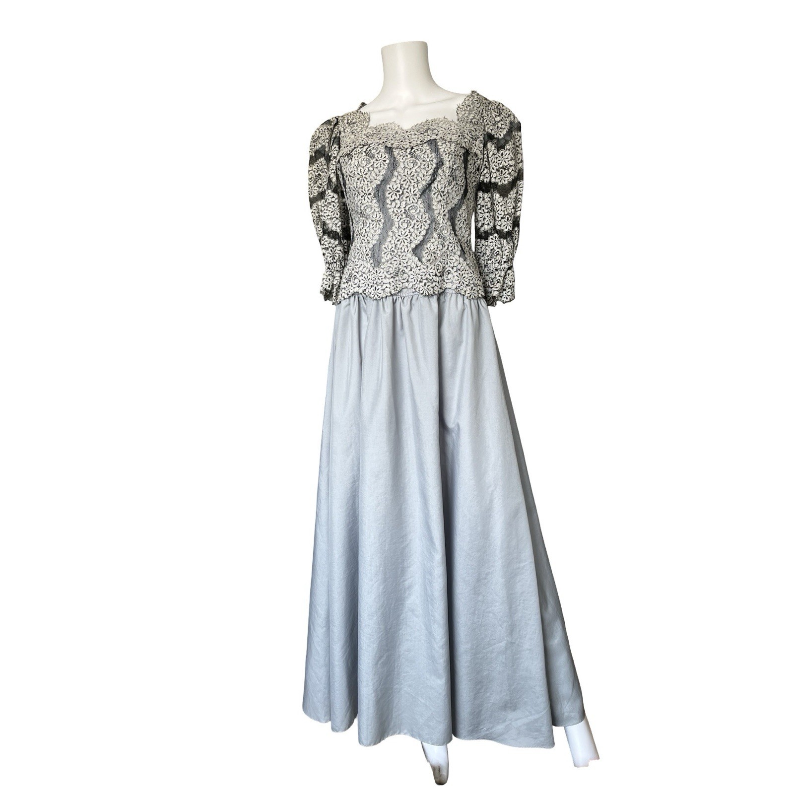Vintage 80s Special Occasion Dress Lace Blue Gray Maxi Mother of the Bride 6
