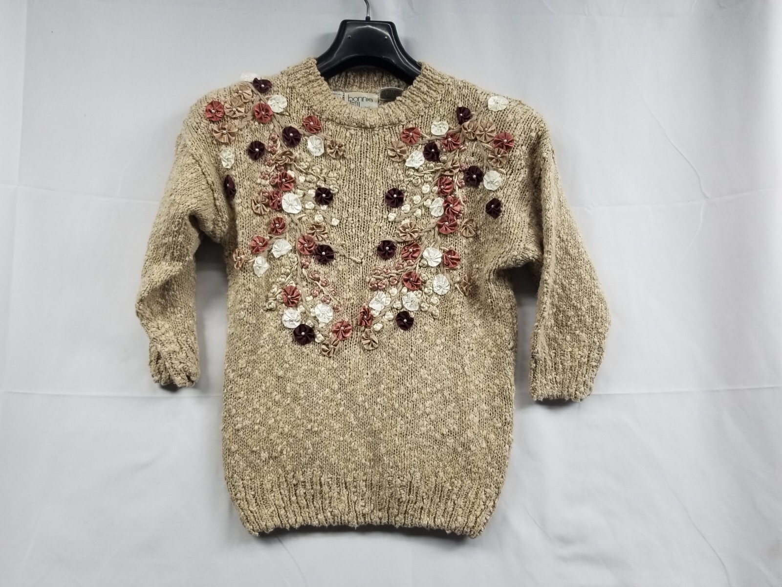 80s 90s Vintage Bonnie and Bill by Holly Tan Knit Floral Sweater Women Petite S