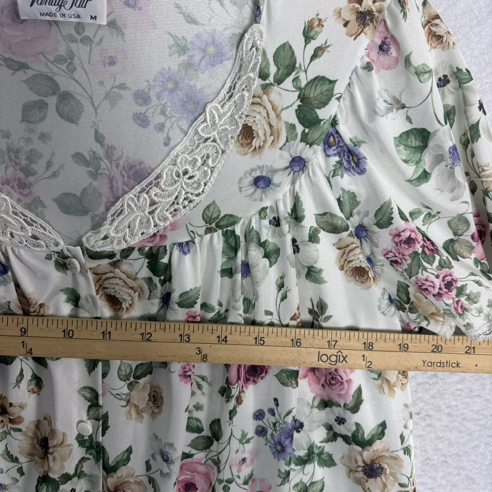 VTG Cottagecore Floral Maxi Nightgown Sz M Satin Lace Details S/S Pocket Button