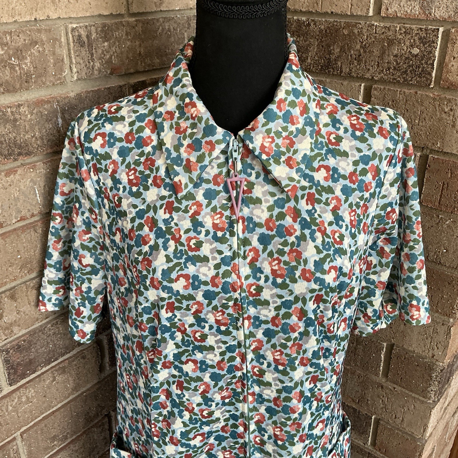 70s VINTAGE Tribue Floral Zip Front Midi Dress Women’s Size S Blue #33B9