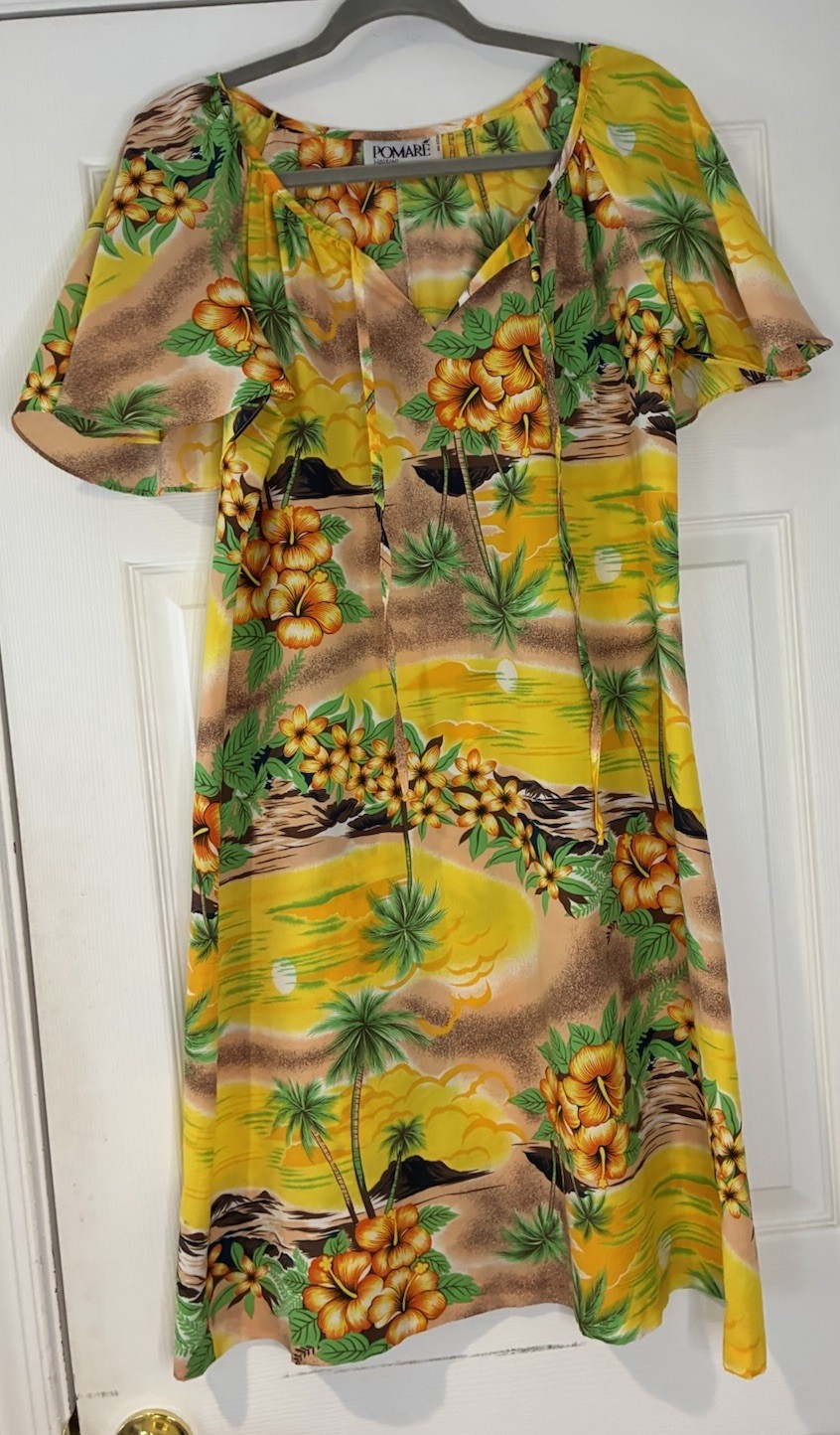 Pomare Hawaii Palm Tree Floral Dress Tiki Acrylic 70’s Vibrant No Size Tag/Flaws