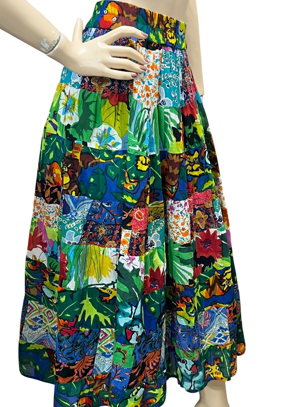 Sz M Vtg 80s INDIA COTTON Skirt Animals Gypsy Art Patchwork Floral Boho Midi