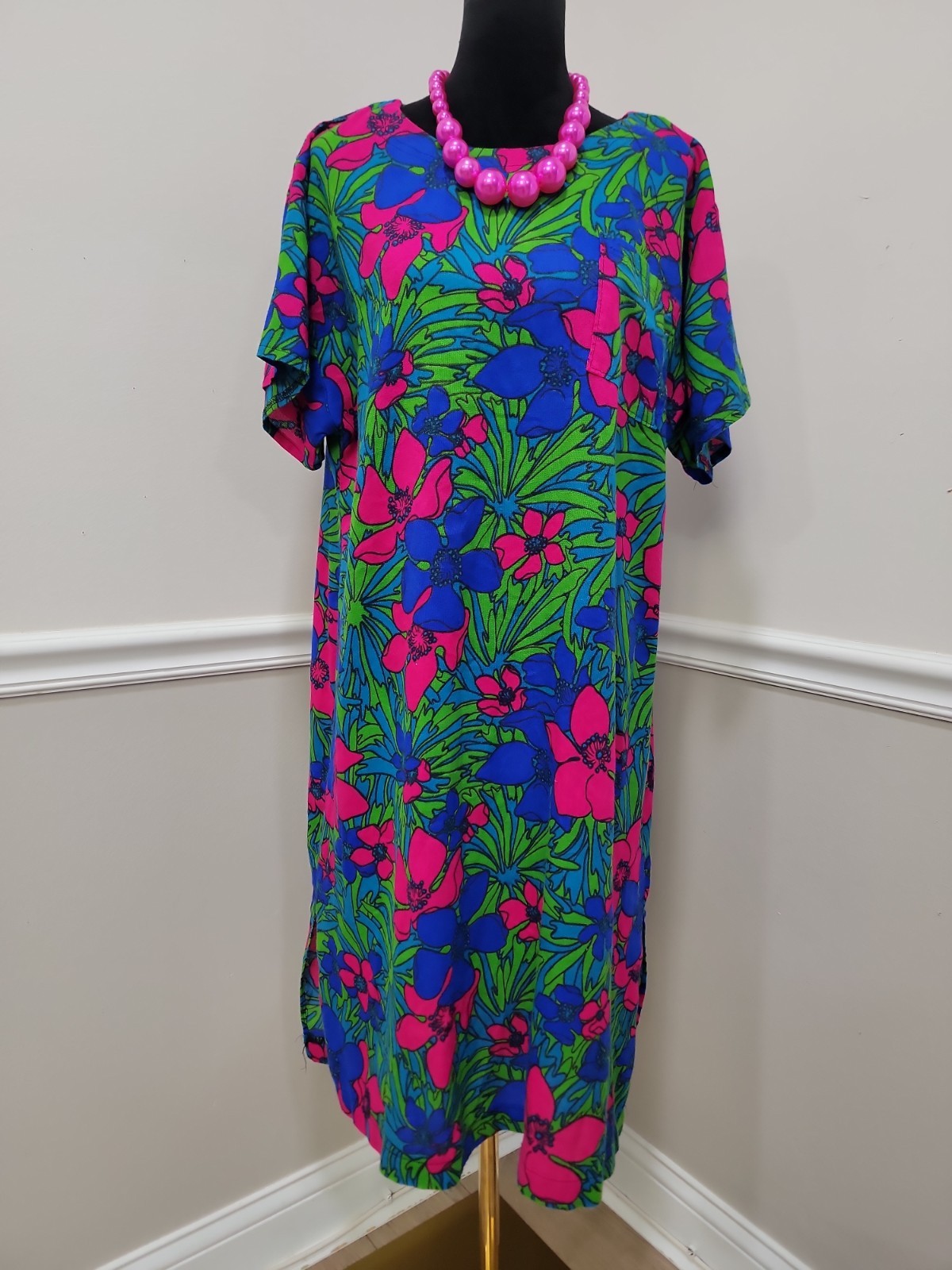 Vintage 60s 70s Psychedelic Mod Floral Dress Neon Pink Blue Green Shift VTG