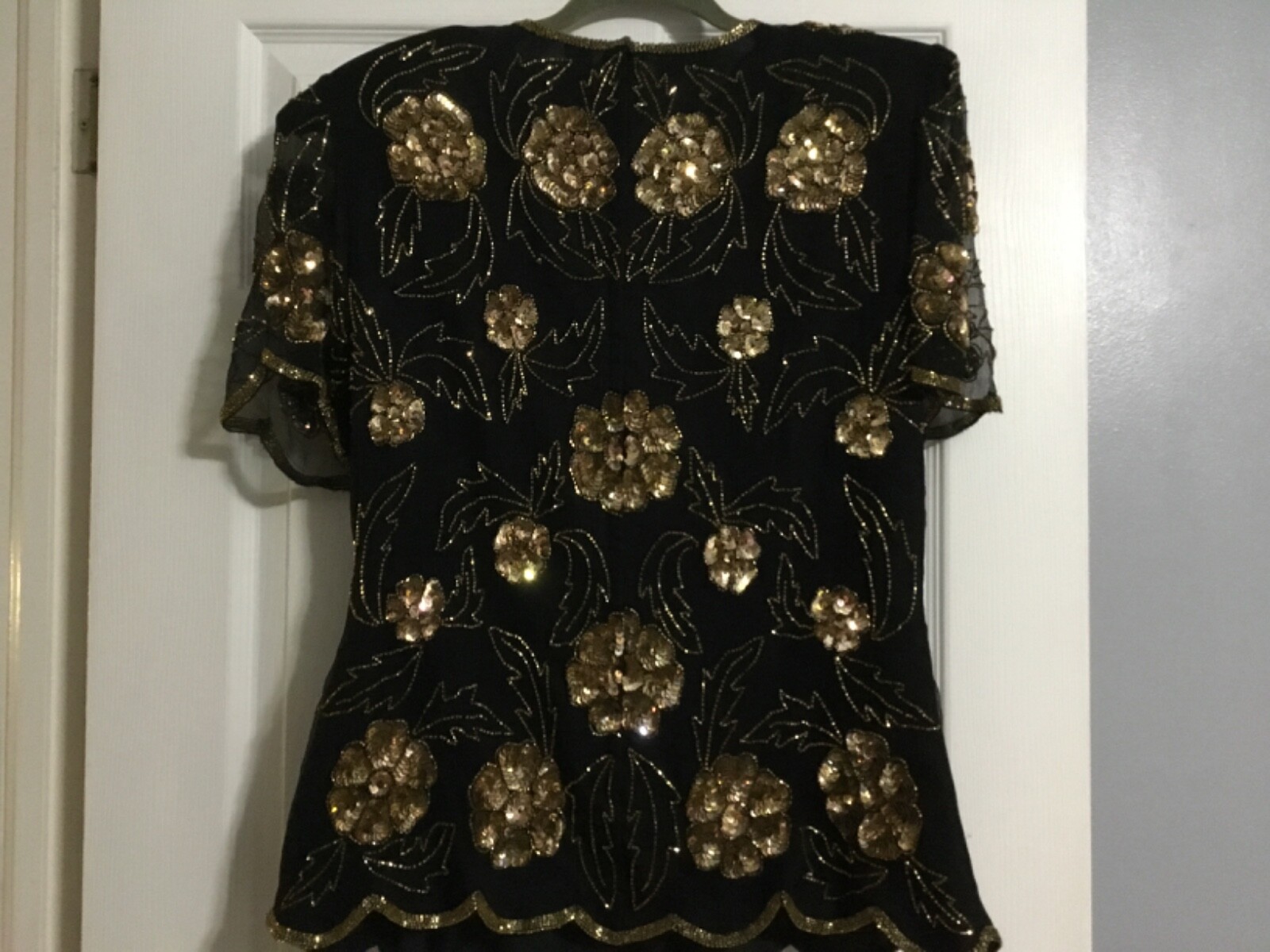 Vintage 1980s/90s Stenay Black and gold silk/polyester fully beaded blouse L/XL