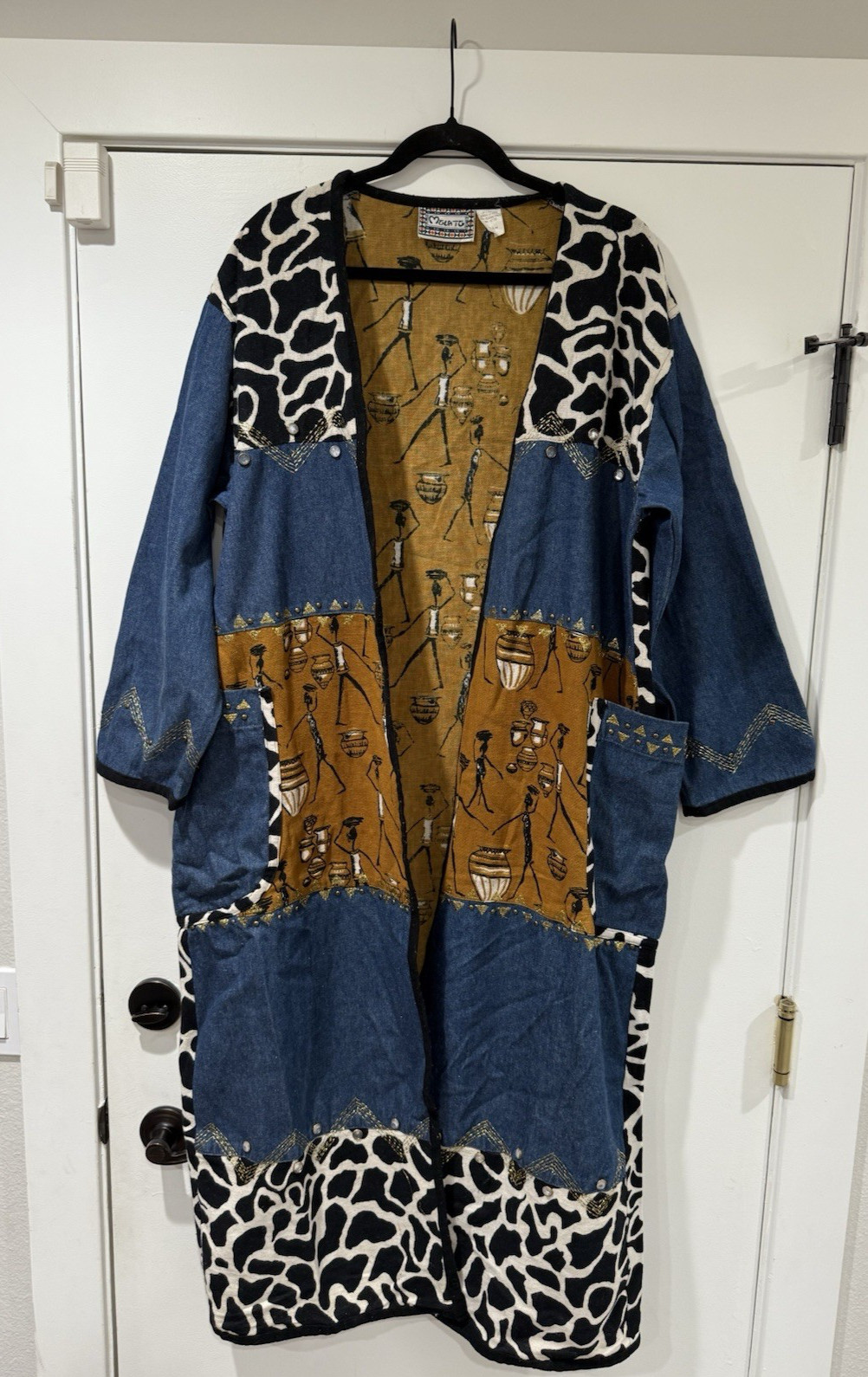 VTG 80s 90s Molato Womens Jacket M Denim Duster Abstract African Art To Wear