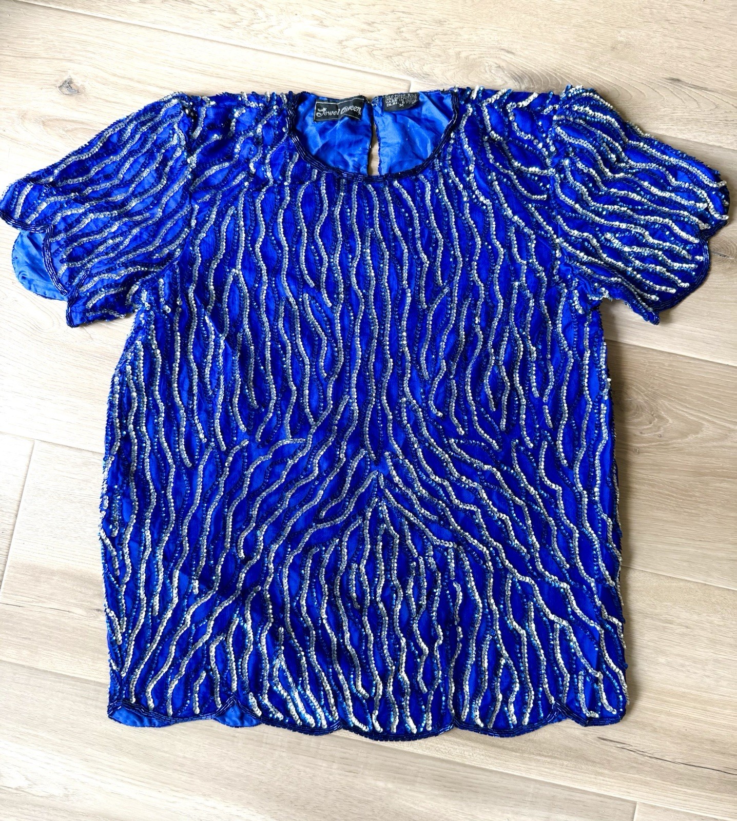 Vintage Jewel Queen Silk Beaded Top Medium Royal Blue 80s Party Evening