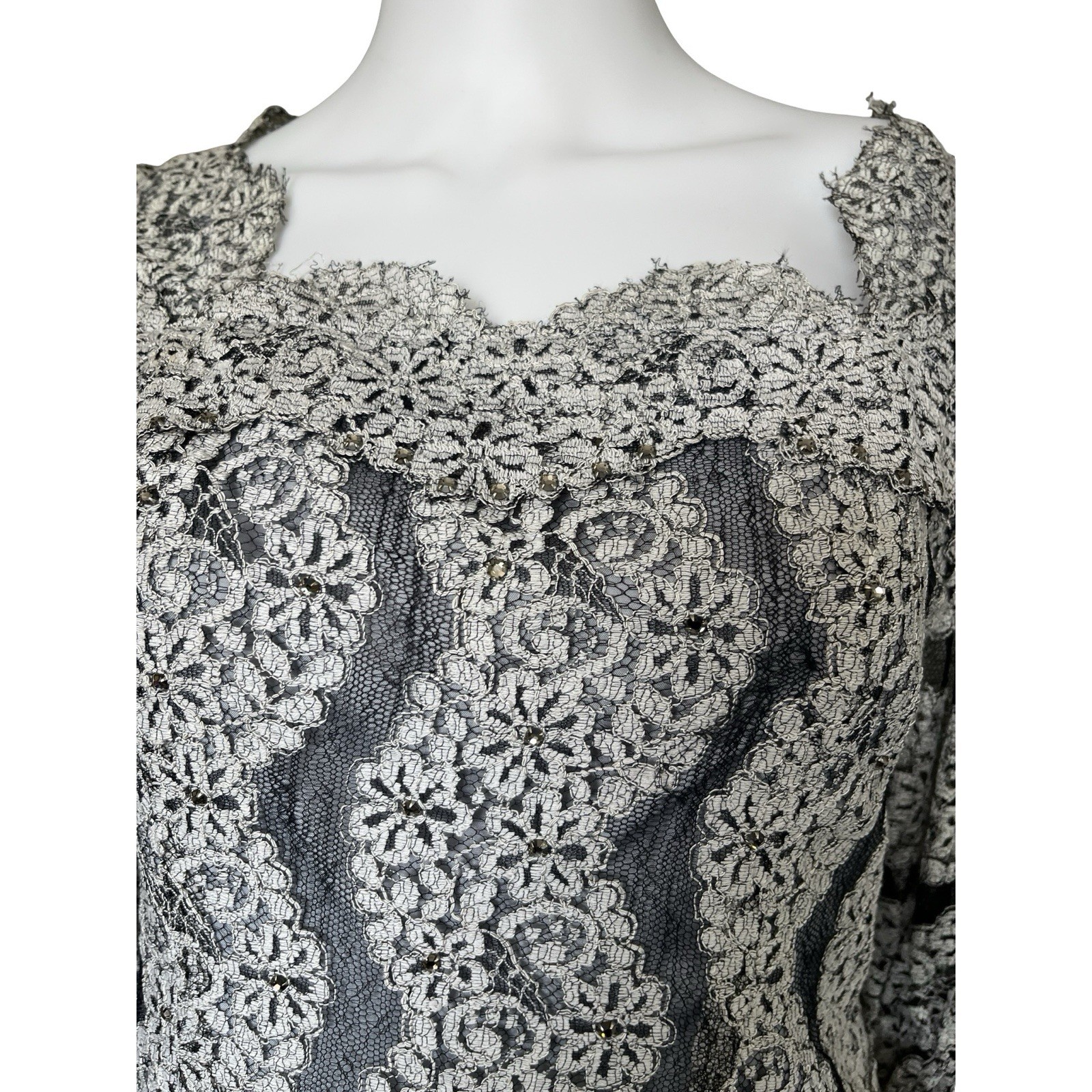 Vintage 80s Special Occasion Dress Lace Blue Gray Maxi Mother of the Bride 6