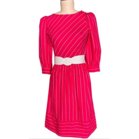 Hot Pink LGWU Midi Dress Womens Classic Union Made Pinstripe Puff Sleeve 80s USA
