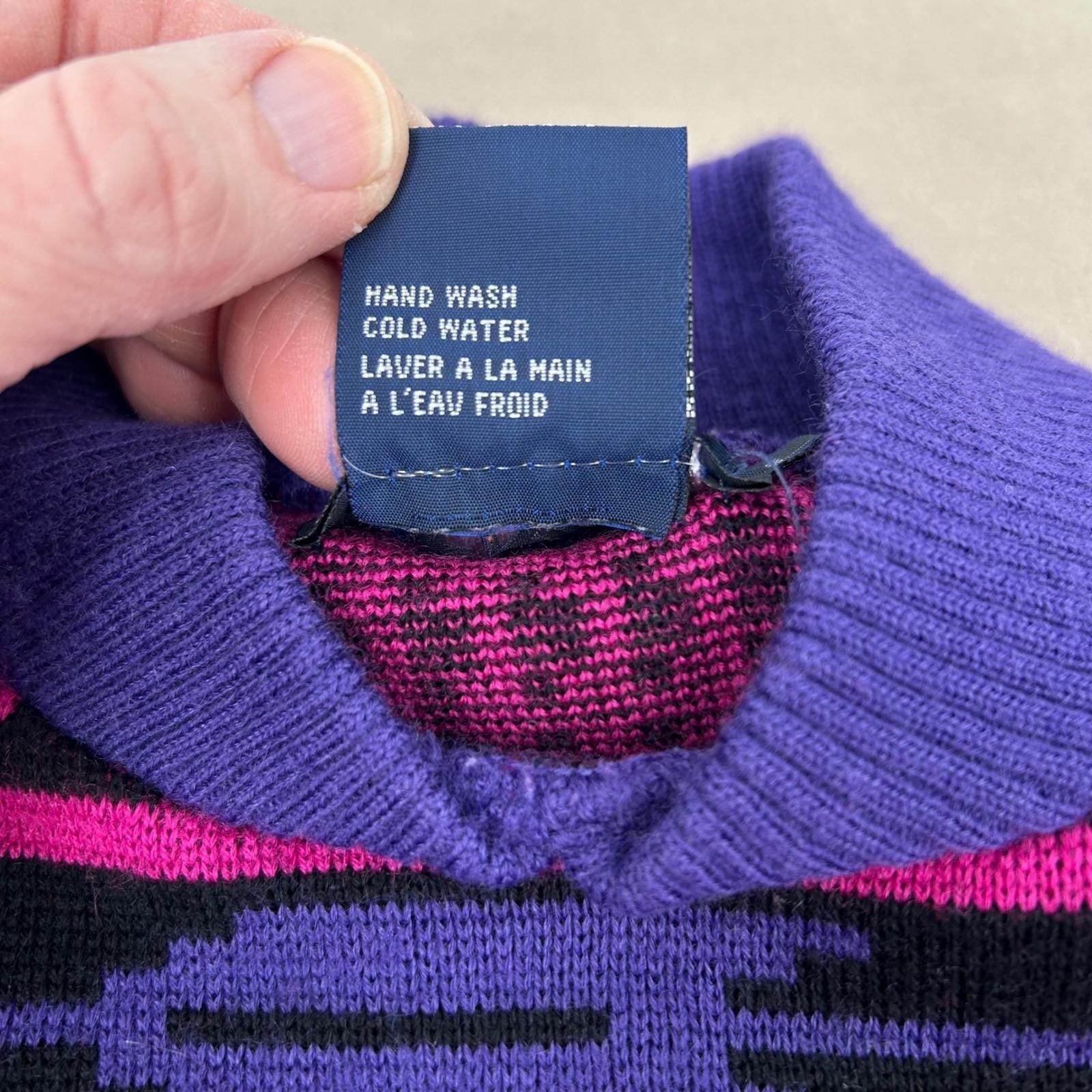 Serac Sweater Womens L Purple Pink Geometric Wool Blend Vintage 80s Retro Ski