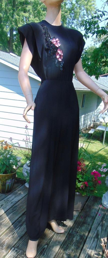 VTG 40s Black Rayon Sequin Cocktail Dress Back Drape 28W