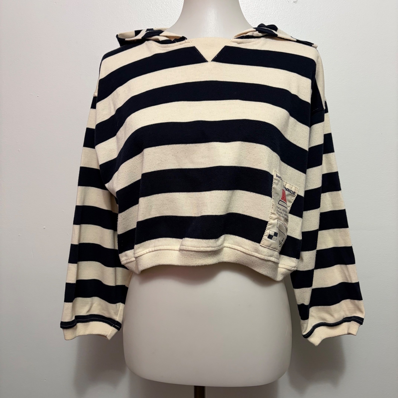 Tarazzia Sport Cropped Hoodie M Navy Cream Stripe Nautical Marin Bleu 90s French