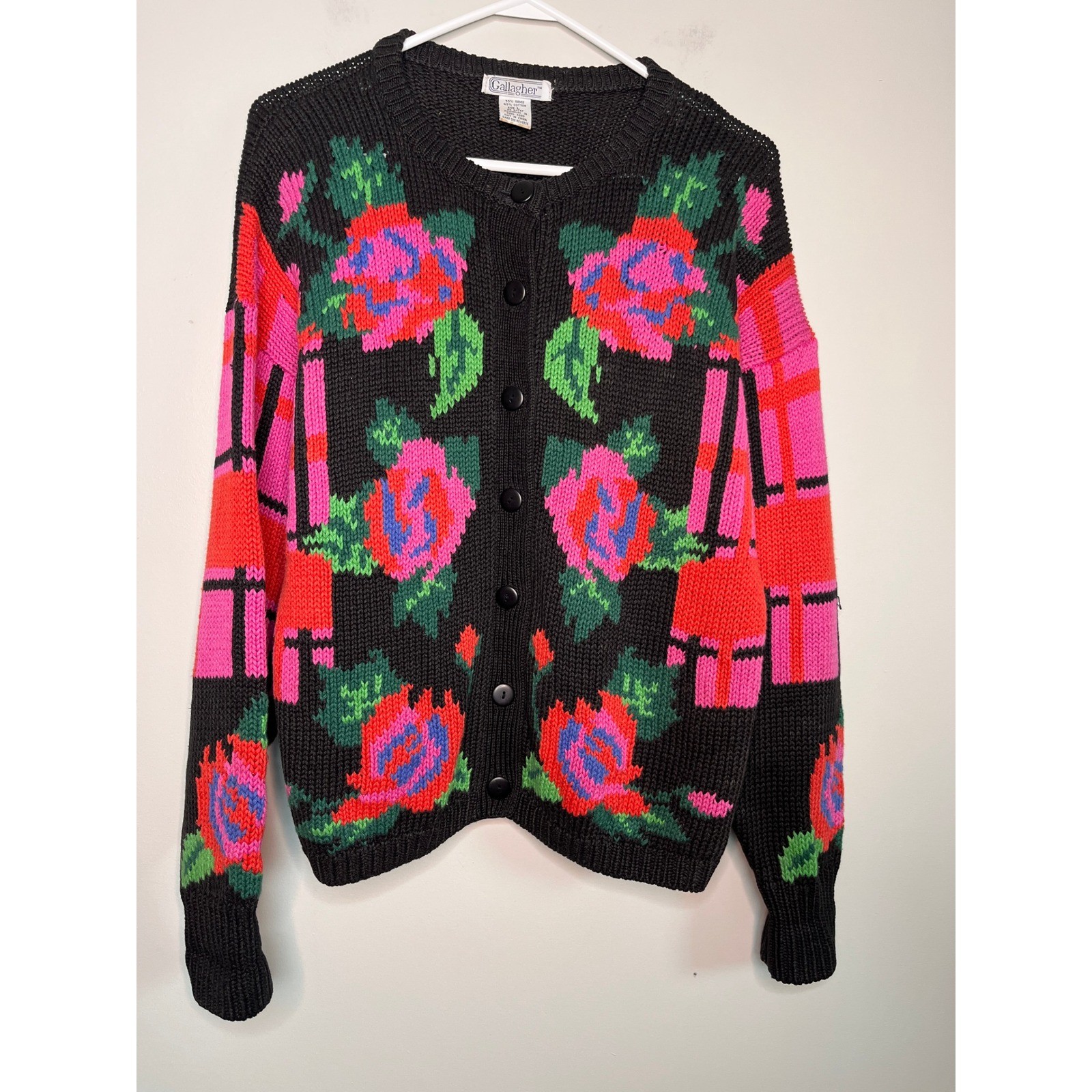 1980s Gallagher Pink Red Floral Roses Plaid Maximalist Cottage Boxy Cardigan L