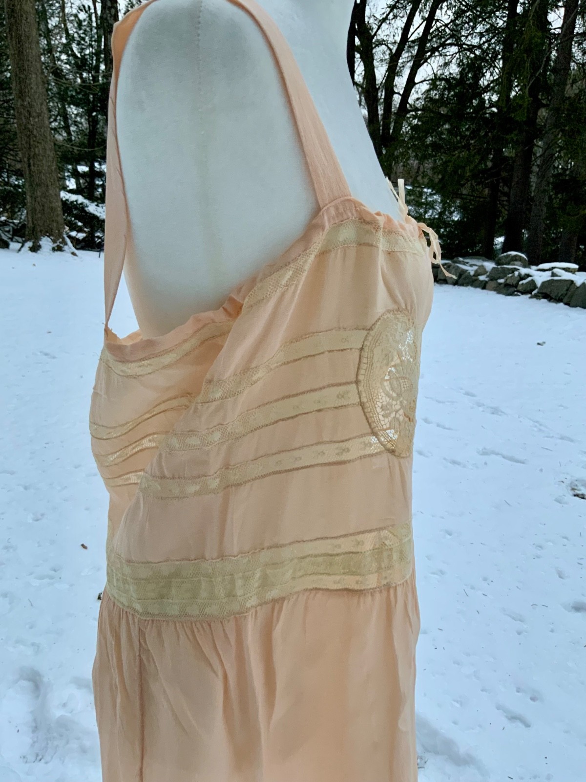 Circa 1912–1918 Blush Pink Silk Chiffon Teddy with Antique Lace – Edwardian Silk