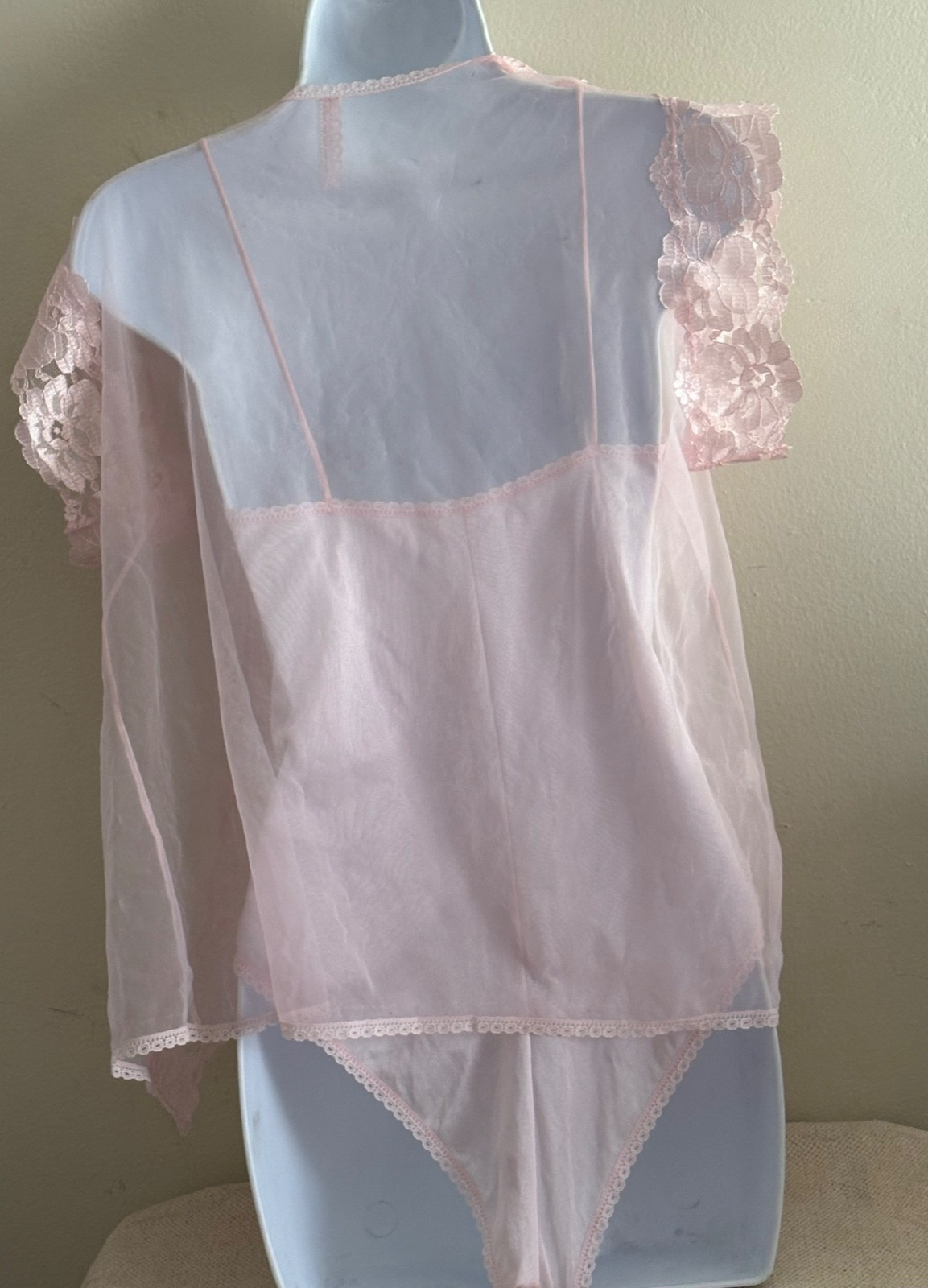 NEW Vintage Alana Gale 2 Pc Pink Sheer Nylon Lace Teddy Lingerie Set-Size Large