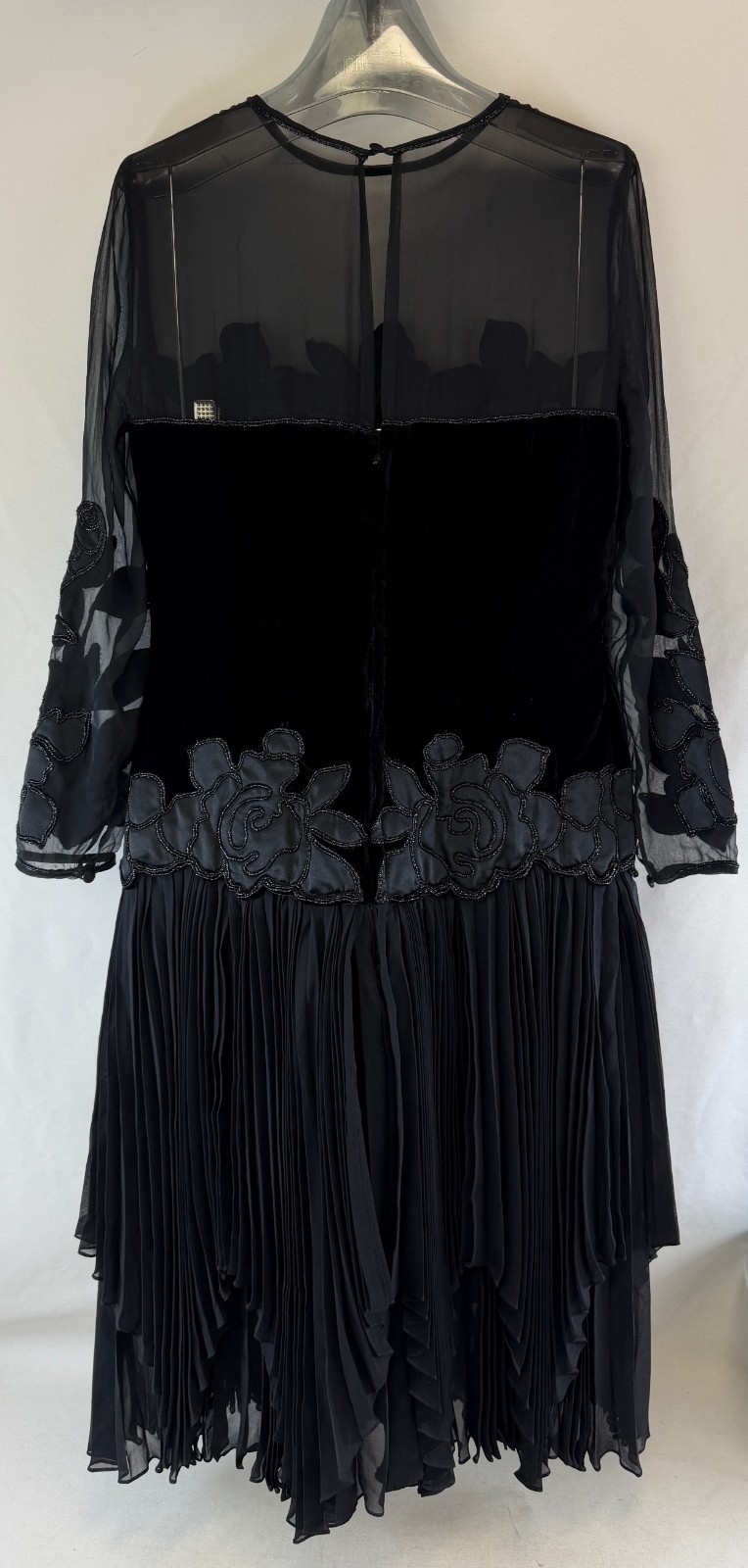 Vintage FONTANA COUTURE Fit & Flare Dress 42 Black Sheer Velvet Satin Floral S