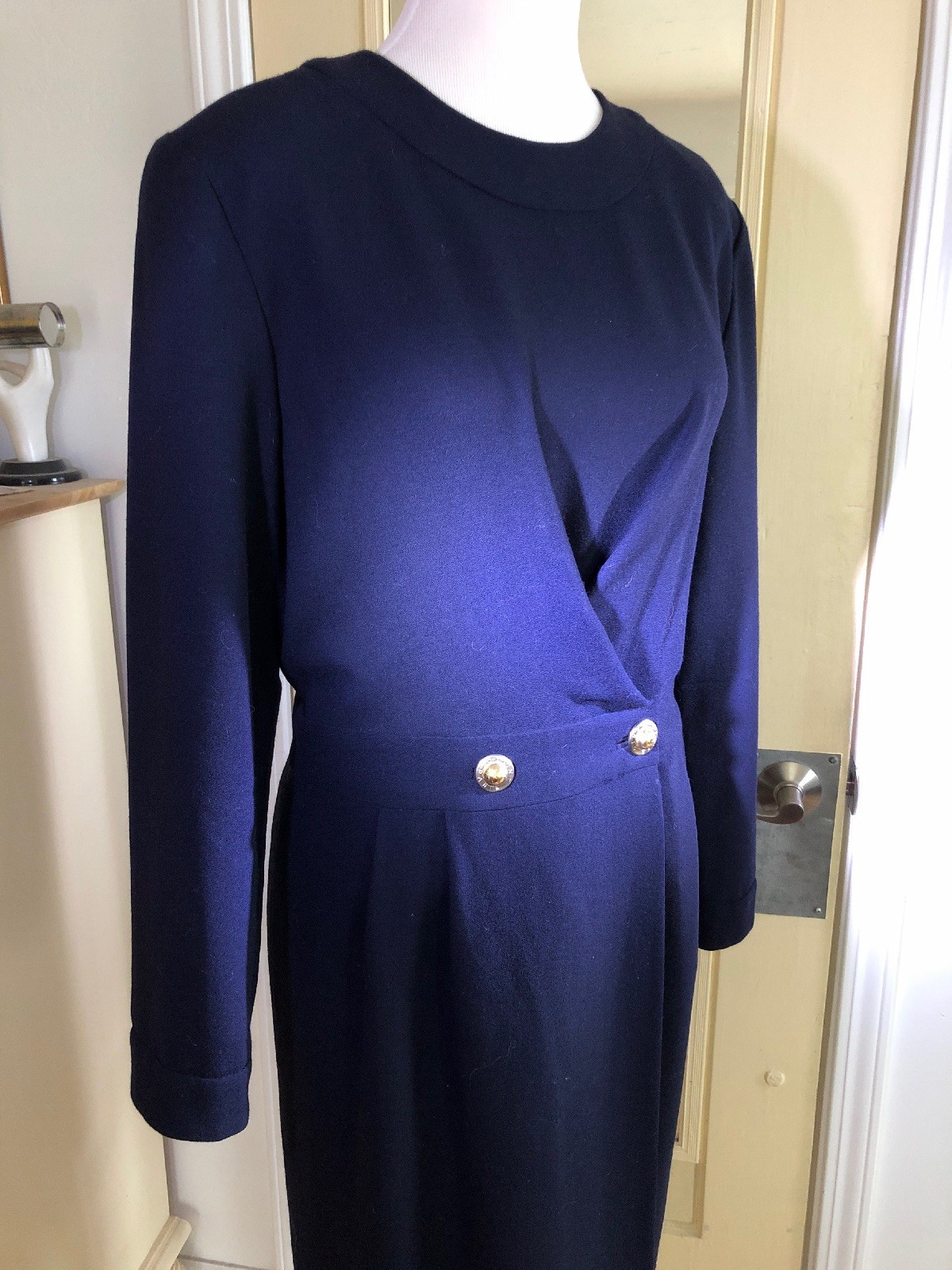 Vintage CELINE PARIS Wool A-Line Stunning Navy Dress