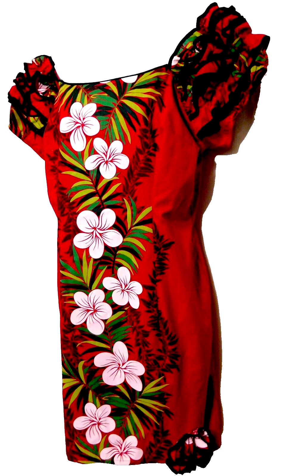Vintage Royal Hawaiian Dress M Red Floral 60s 70s Muumuu Ruffle Off Shoulder