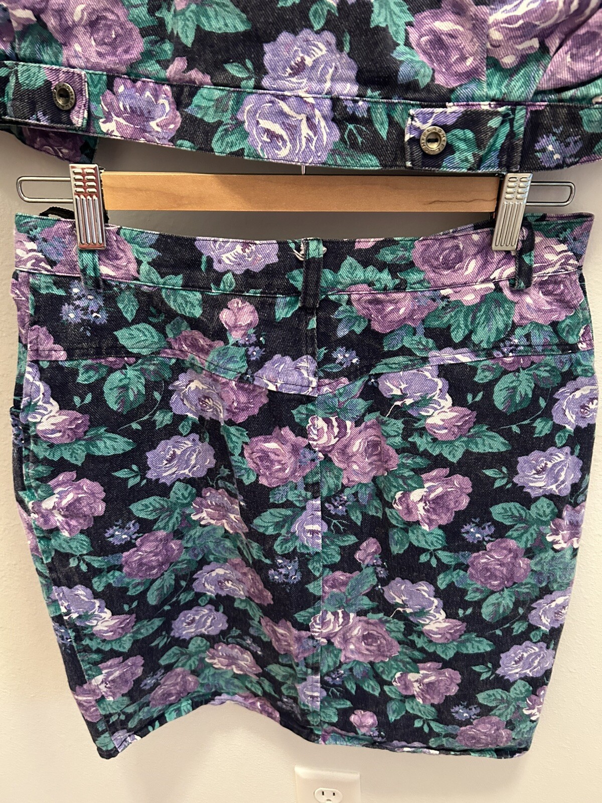Flash Clothing Company LA 80s Denim Floral High Waist Skirt Size 9 Jacket Sz M