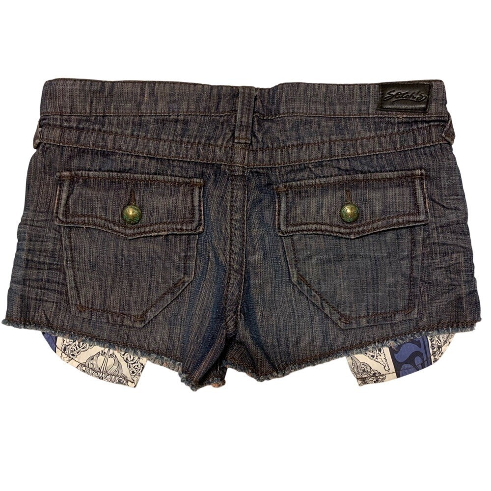 Stitches Y2K Low Rise Distressed Jean Shorts Peekaboo Pockets Y2K Size 28 Waist