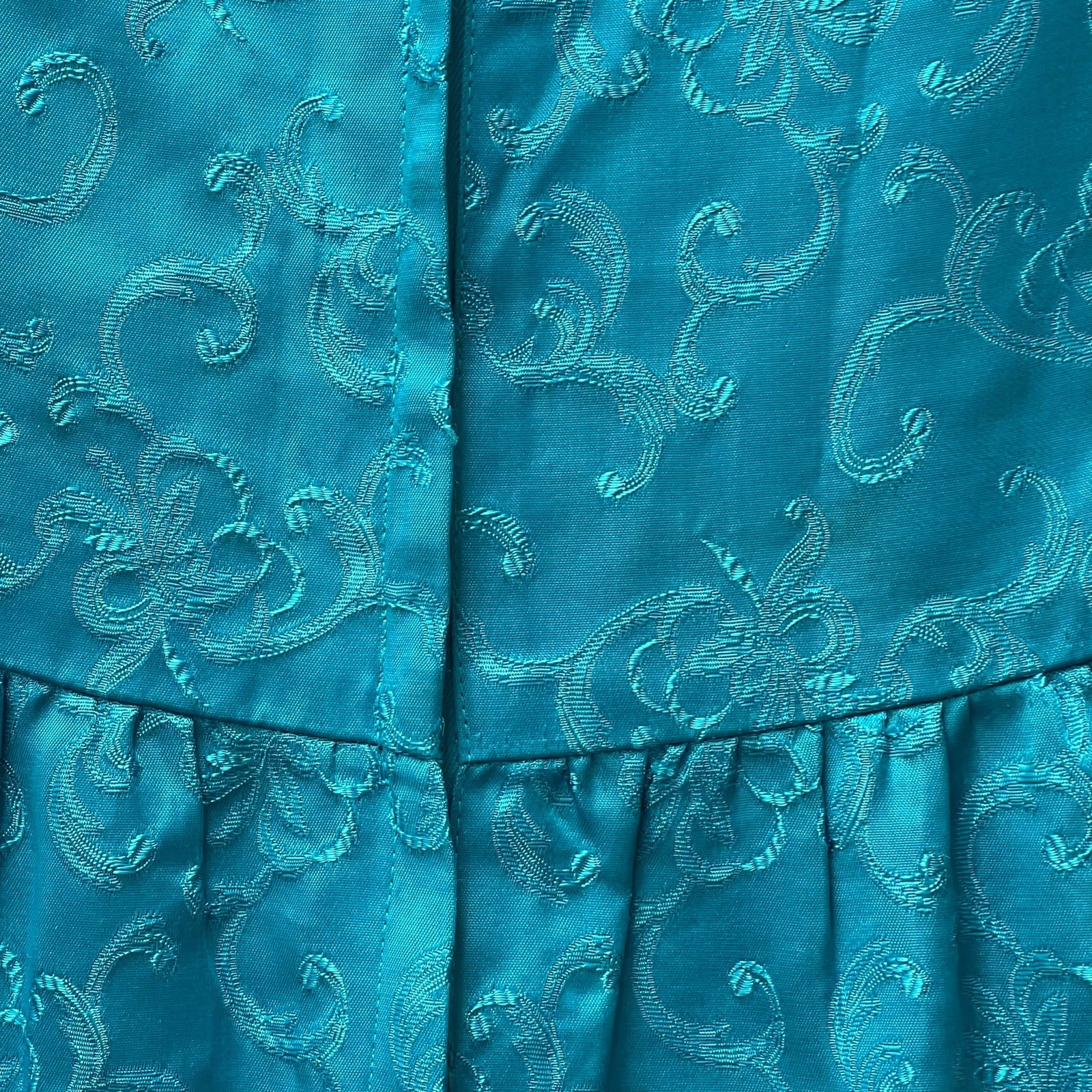 1960’s Empire Waist Teal Blue Chinese Floral Brocade Sleeveless Dress With Bows