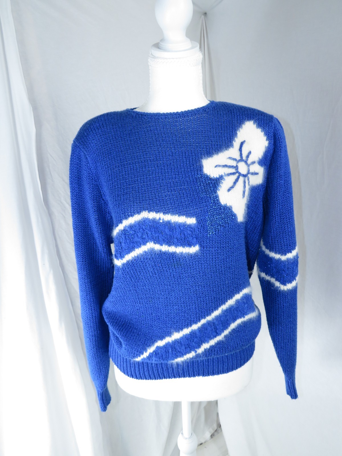 Authentic Vintage Clarissa Bellini Angora‑Blend Blue Knit Sweater w/White Floral